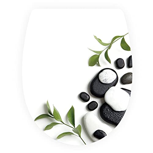 White Plastic Quick Release Toilet Seat - Oval Shape, Top Fixing with Adjustable Hinges, Easy Clean, Seagull and Starfish Design - One Size - color: Black Stone