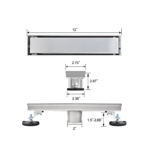 12"Linear Shower Drain Brushed Silver Drain with Tile Insert Grate | AISI 304 Stainless Steel Fast Drainage Rectangle Hidden Shower Trench,Detachable Hair Catcher Easy to install,Leveling Feet - color: Stainless Steel, size: 12 Inch (No Base)