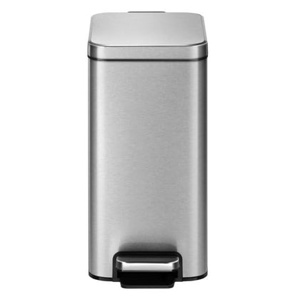 Slim Stainless Steel Trash Can - 2.6 Gallon Step Garbage Bin with Soft Close Lid, Brushed Finish, Narrow Vertical Wastebasket for Bathroom, Bedroom, or Office, Durable Construction and Easy Cleaning