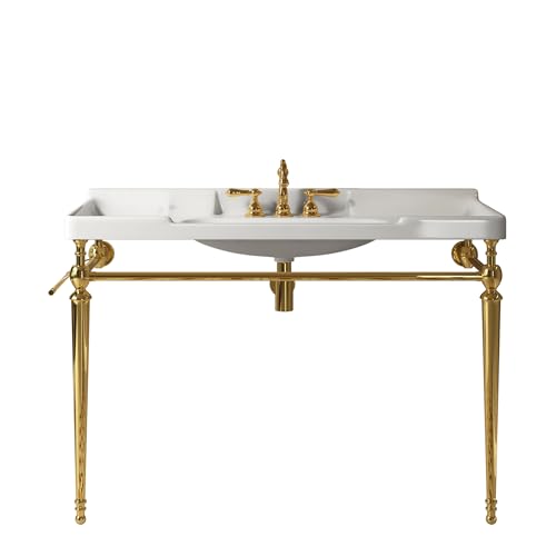 48" Bathroom Console Sink, VICI Wall Mounted Ceramic Basin with 3 Faucet Holes, Vanity Sink with Overflow, Freestanding Stainless Steel Legs, Towel Bar, Modern Bathroom Sink, White Top+Gold Leg - color: White,gold, size: 48''+White Top+Gold Leg