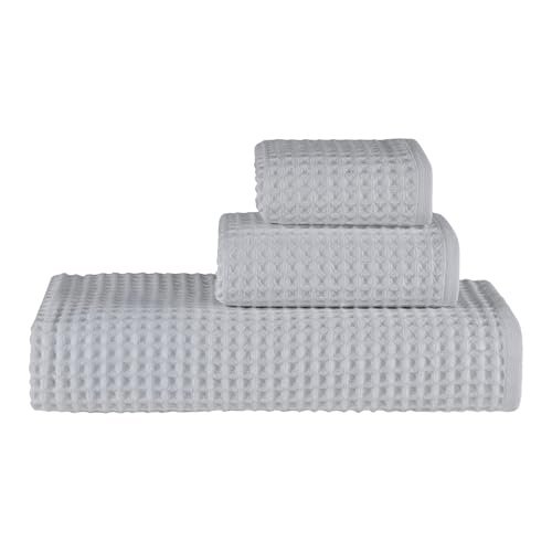 Waffle Bath Sheet Set, 100% Turkish Cotton, Includes 1 Bath Sheet, 1 Hand Towel, 2 Face Towels - color: Light Grey, size: Bath Sheet Set (4 Pieces)