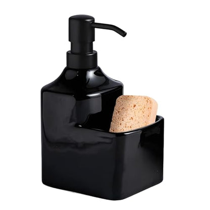 Gets Soap Dispenser Black Ceramic Pump Bottle with Storage Holder | Countertop Liquid Hand Wash Bottle with Organizer Tray for Bathroom, Kitchen, Refillable Modern Dispenser for Vanity Sink - size: Black With Sponge Holder