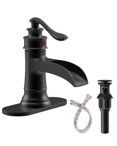 Black Bathroom Faucet Matte Waterfall Sink Farmhouse Vanity Single Hole | Faucets One Handle Basin Antique centerset with Pop Up Drain Stopper Mixer Tap Overflow Supply Line by Homevacious - color: Matte Black