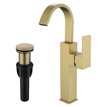 Brushed Gold Vessel Sink Faucet, Single Handle Tall Bathroom Faucet,Waterfall Bathroom Faucet Single Hole Lavatory Vanity Tap Single Hole Bar Sink Faucet with Pop Up Drain and Supply Lines,SL50044BG - color: Brushed Gold, size: Tall
