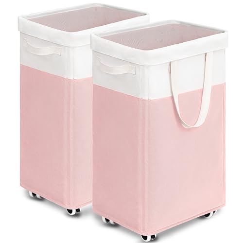 Goodpick 2-Pack Laundry Hamper with Wheels, Dorm Essentials for Girls,75L | Laundry Hamper with Wheels, Collapsible Laundry Basket, Rolling Laundry Hamper with Handle for College Dorm, Pink & White - color: Pink & White 2-Pack