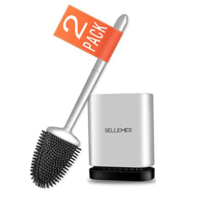 Silicone Toilet Brush, Ventilation Slots Base Holder 2 Pack Silver | Flexible Bristles Flat Head for Rim, Hair Tangle-Free, Easy to Clean, Compact Design, Rustproof Handle, for Toilet/Sink/Tub - color: Silver-2pcs