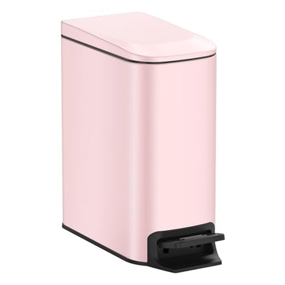 TIPGO Slim Bathroom Trash Can with Lid Soft Close, 6 Liter / 1.6 Gallon Stainless Steel Garbage with Removable Inner Bucket, Small Trash Bins for Bedroom, Office (Pink) - color: Pink