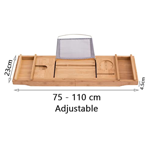 Bamboo Bathtub Caddy Tray Expandable for Luxury Bath, Bathtub Tray with Wine Glass Holder, Phone Stand and Book Holder, Adjustable Bath Tub Organizer Tray for Bathroom