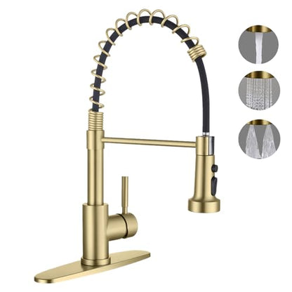 Gold Kitchen Faucets with Pull Down Sprayer, Stainless Steel Single Handle Pull Out Spring Sink Faucet, 3 Function Sprayer 1 or 3 Hole Deck Plate for Farmhouse Laundry Rv Bar - color: Gold, style: Classic