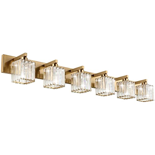 Aipsun Bathroom Vanity Light Brass Crystal Vanity Lighting Fixtures 6 Light Modern Bathroom Lighting Fixtures (Exclude Bulb) - color: Gold, size: 49 inch
