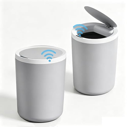 2 Pack 2.7 Gal Automatic Trash Can Small Smart Garbage Can Touchless, Bathroom Trash Can with Lid, Slim Motion Sensor Waterproof Plastic Trash Bins for Bedroom Office Kitchen Toilet (Grey 2 pics)