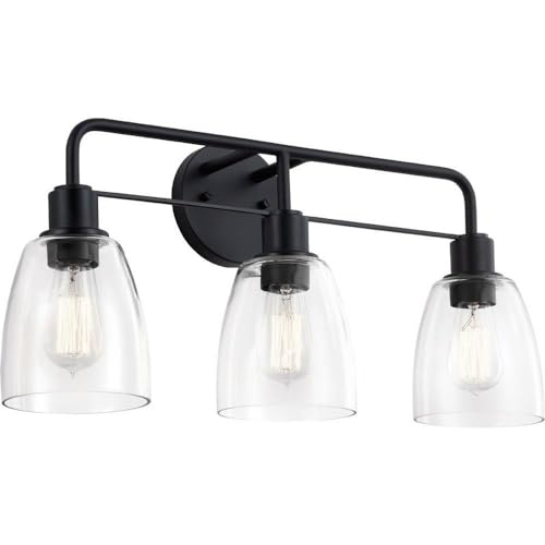 Kichler Meller 24 in 3-Light Bathroom Vanity Light Fixture with Clear Glass in Black for Modern Bathroom Lighting over Mirror, Wall Mount Sconce (7 in x 11.25 in x 24 in), 55102BK - color: Black, style: 3 Light