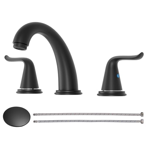 WOWOW Widespread Bathroom Faucet - 3 Hole, Black, 8 Inch Center, Double Handle, High Arc, Lavatory Basin Faucet with Pop Up Drain Assembly - color: Black