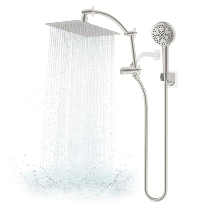 Hibbent Metal 10" High Pressure Rain Shower Head Combo, Brushed Nickel | cUPC Certified Rainfall Shower Head with handheld 10 Sprays, 16'' Adjustable Extension Arm, 71'' Hose, Showerhead Holder - color: Brushed Nickel, style: Square 10''