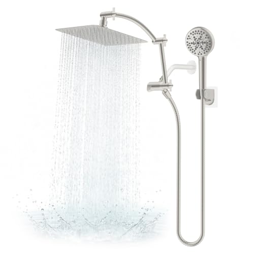 Hibbent Metal 10" High Pressure Rain Shower Head Combo, Brushed Nickel | cUPC Certified Rainfall Shower Head with handheld 10 Sprays, 16'' Adjustable Extension Arm, 71'' Hose, Showerhead Holder - color: Brushed Nickel, style: Square 10''