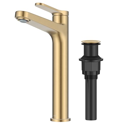 KRAUS Indy Bathroom Faucet for Vessel Sink in Spot-Free Brushed Brass with Single Handle, Pop Up Drain and Supply Lines, KVF-1410SFBB - color: Spot Free Brushed Brass, style: Vessel
