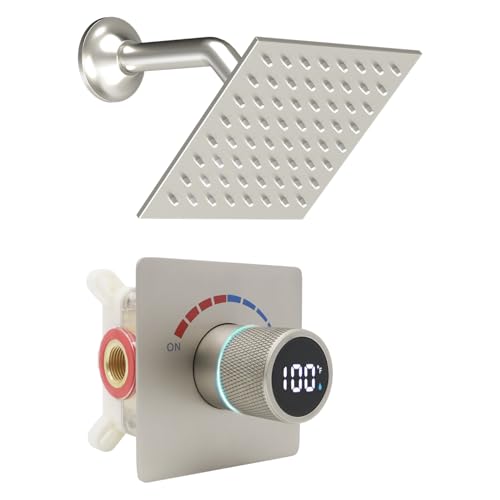 6 Inch Digital Display Shower Head System 6 Inch Head with Valve Shower System with Valve Bathroom Bath System （Brushed Nickel） - color: Brushed Nickel, style: 6 "shower head