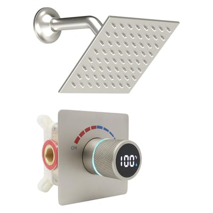 6 Inch Digital Display Shower Head System 6 Inch Head with Valve Shower System with Valve Bathroom Bath System （Brushed Nickel） - color: Brushed Nickel, style: 6 "shower head