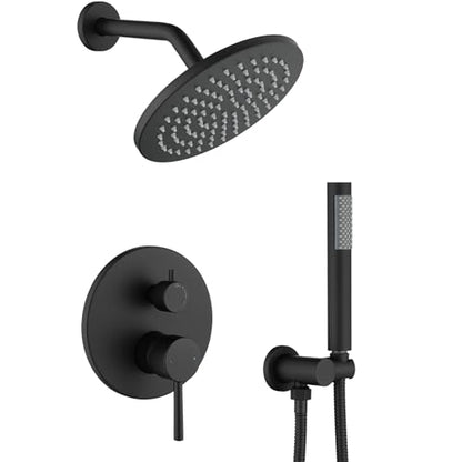 Shower System, All Metal Black Shower Faucet Set, Matte Black | 8" Rainfall Shower Head and Handheld Spray Combo, Round Shower Head and Handle Set with Valve and Trim Kit - color: Matte Black