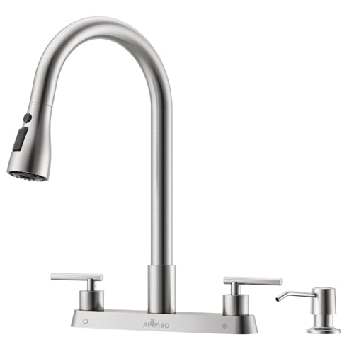 APPASO 4 Hole Kitchen Faucet with Pull Down Sprayer and Soap Dispenser | Brushed Nickel Dual Handle Kitchen Faucets for 3-4 Hole Sink 8'' Center, High Arc Lead-Free Certified, Easy to Install - color: 1-Brushed Nickel