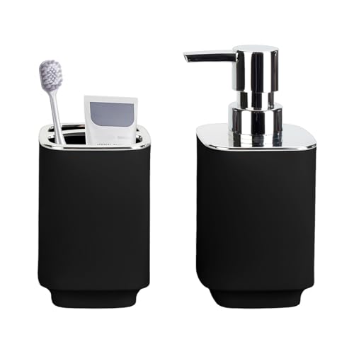 Black Bathroom Accessories 2 Pcs, Soap Dispenser and Toothbrush Holder Set | Boho Bathroom Set for Bathroom Countertop Storage and Decor - color: Black, size: 2PCS