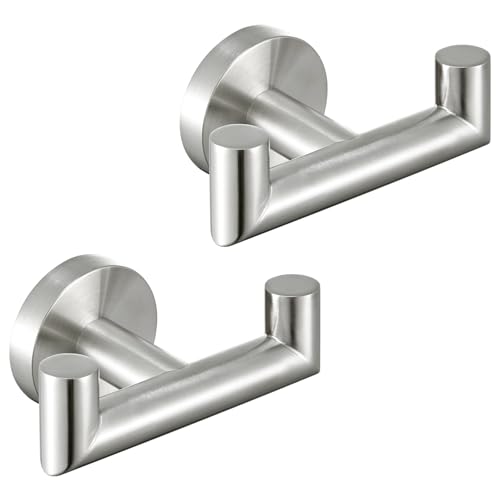 Brushed Nickel Bathroom Double Towel Hooks, 2 Pack, Wall Mounted | 304 Stainless Steel, Rust-resistant for Bathroom Shower Laundry Room, Heavy-duty 11 lbs Robe Hooks, Towels, Clothes Storage - color: Brushed Nickel