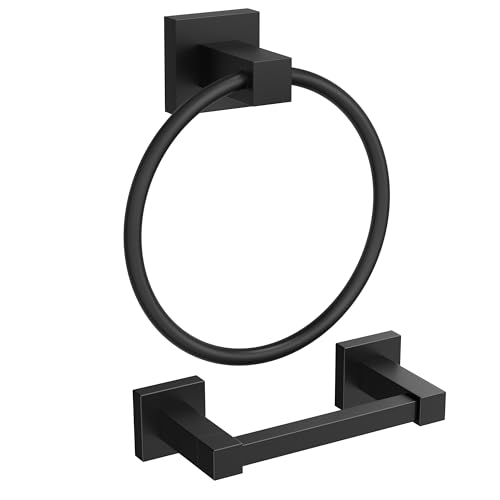 FORIOUS Toilet Paper Holder and Towel Ring Set, Bathroom Accessories Set | Matte Black | Double Post Pivoting Toilet Paper Holder Wall Mounted and Towel Ring | SUS304 Stainless Steel | Round & Square - color: Matte Black, size: Square & Round