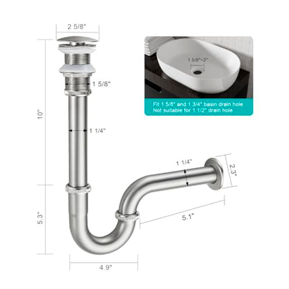 Bathroom Sink U Shape Bottle Trap Complete Set, Adjustable 1-1/4 Bottle P-Trap Sink Drain Kit Tube and Pop Up Drain Stopper Without Overflow, Brushed Nickel - color: Brushed Nickel