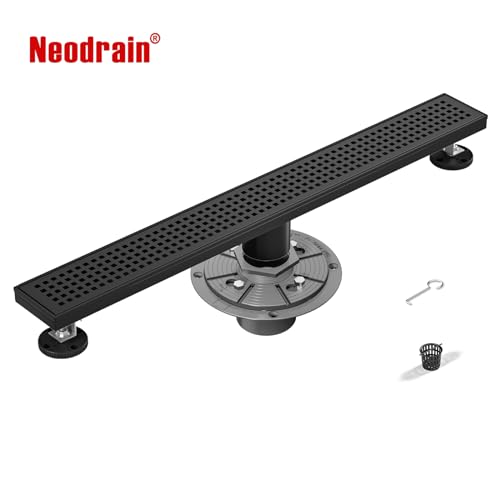 Neodrain 18-Inch Matte Black Linear Shower Drain,Stainless Steel Linear Drain with Quadrato Pattern Grate,Matte Black Rectangle Shower Floor Drain with Hair Strainer, Shower Drain Base - color: Matte Black, size: 18 In