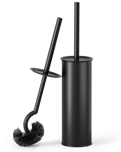 Cesun 304 Stainless Steel Toilet Brush and Holder Set, 2 Brush Heads, Black | S-Shaped Deep Cleaning, Scratch-Free Nylon Bristles, Long Handle & Splash Guard, Replaceable Brush Head - color: Black