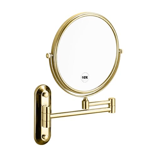 Gold 8 Inch Oval Base Bathroom Wall Mount Mirror 360 Degree Swivel | AIREMOEN 1x10x Magnifying, Double Sided, Adjustable Extension Arm Makeup Mirror Beauty Mirror Shaving Mirror