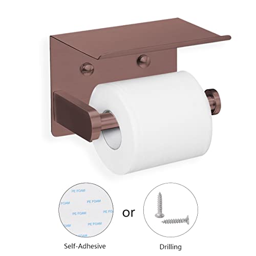 VAEHOLD Self Adhesive Toilet Paper Holder with Phone Shelf Stainless Steel Wall Mounted Toilet Paper Roll Holder - Rustproof and Bathroom Washroom Tissue Roll Holder with Shelf - Red Copper - color: Red Copper