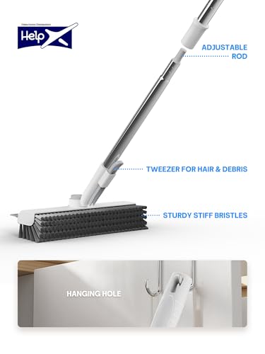 3 in 1 Floor Scrub Brush with Long Handle, Multi-Angle Swivel Head | Stiff Dual-side Bristle, Floor Scrubber with Squeegee & Tweezer for Tile Wall Deck Bathtub Patio Garage Pool Kitchen (White) - color: White