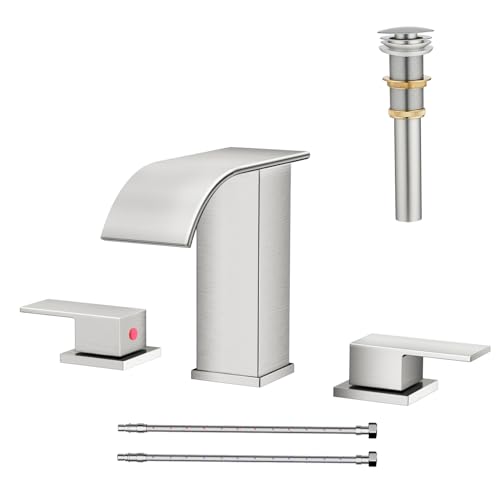 AVSIILE Waterfall Bathroom Faucet 3 Hole, Brushed Nickel 8 Inch Widespread Modern 3 Piece Bathroom Sink Faucet, Touch On Lavatory Faucet for Vanity RV Restroom, Curved Spout - color: Brushed Nickel, style: Curved Spout