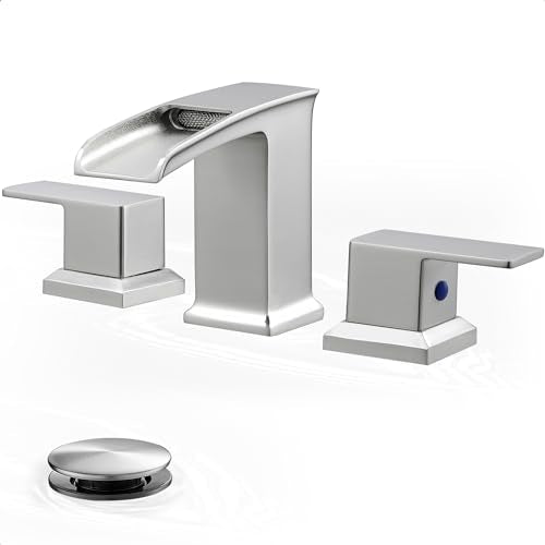 Waterfall Bathroom Faucet 3 Hole, Brushed Nickel 8 Inch 2 Handles | Lead-Free Brass, Widespread Style, Pop Up Drain, Pre-installed cUPC Water Hose, For Vanity Lavatory Modern, 10-Min Install - color: Brushed Nickel