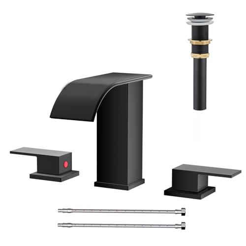 AVSIILE Matte Black Waterfall Bathroom Faucet 3 Hole, 8 Inch Widespread Modern 3 Piece Bathroom Sink Faucet, Touch On Lavatory Faucet for Vanity RV Restroom, Curved Spout - color: Black, style: Curved Spout