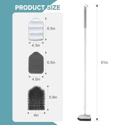 nacena Shower Scrubber with Long Handle, 3 in 1 Tile Tub Scrubber Brush with 3 Detachable Cleaning Heads Adjustable Handle Shower Cleaner Brush for Bathroom, Kitchen, Toilet, Wall, Sink, Grey White