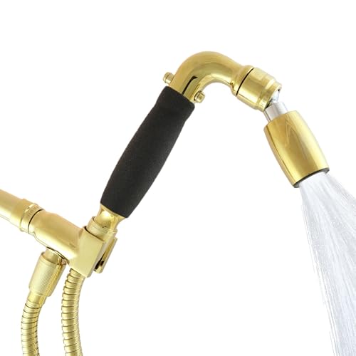 High Sierra® Solid Lead-Free Metal Handheld Shower Head, Trickle Valve, Includes 72” Flexible Stainless Steel Hose With Biofilm Resistant Silicone Inner Tube, Holder. Ultra Low Flow 1.25 GPM. Brass - color: Polished Brass, size: 1.25 GPM