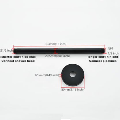 RANDOM Shower Arm with Flange,12 Inches Ceiling Mount Shower Head Extension Arm Straight Arm Ceiling-Mounted For Fixed Shower Head,Matte Black.RD91038-12MB - color: 12″ Matte Black(Round Flange)