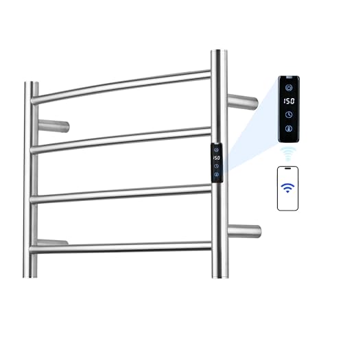 Electric Towel Rack with Voice Control for Alexa & Google Home,TUYA - Wall-Mounted Bathroom Heating Towel Warmer,Plug-in,Stainless Steel Material,16.54x23.62x5.51 in,Brushed，4 Bars - color: Brushed With Wifi, size: 4 Bar