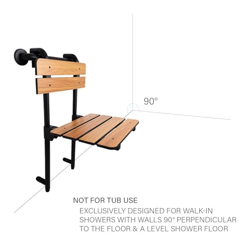 Seachrome Profile Folding Shower Seat with 18 inch Grab Bar, Removable Hanging Bench with Backrest & Legs, Teak Phenolic Seat, Black Stainless Steel Grab Bar - color: Teak, Black