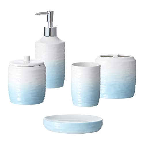 Bathroom Accessories Set, 5-Piece Ceramic Bath Accessory Complete Set with Lotion Dispenser/Soap Pump, Cotton Jar, Soap Dish, Tumbler and Toothbrush Holder (Blue and White Gradient)