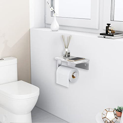 Gypie Toilet Paper Holder with Marble Shelf, Wall Mounted Brushed Nickel | Stainless Steel Tissue Roll Paper Holder Dispenser for Bathroom Washroom - color: Brushed Nickel