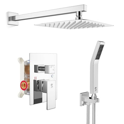 SR SUN RISE Polished Chrome Square Rainfall Shower Head and Handle Set, Wall Mounted Shower Fixtures, Metal Shower Faucet Trim Repair Kits (With Shower Valve) - color: Polished Chrome, size: 10 Inch