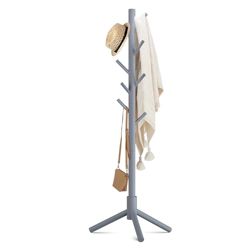 Haddockway Wooden Coat Rack Stand with 8 Hooks New Zealand Pine 3 Adjustable Coat Standing Tree Easy Assembly for Coats, Hats, Scarves and Handbags for Entryway, Hallway, Bedroom, Office - color: Gery, size: 1 PC