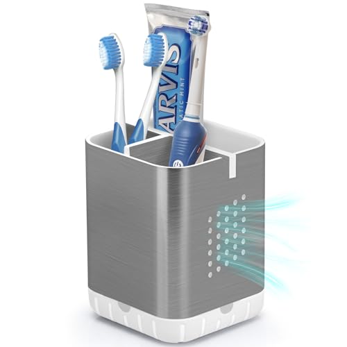 Boperzi Toothbrush Holder Toothpaste Organizer Drainage for Bathroom Vanity, Detachable Anti-Slip Brushed Nickel Toothpaste Storage Caddy 3 Slots with Drainage Holes for Makeup Brush Razor Stand - color: Silver