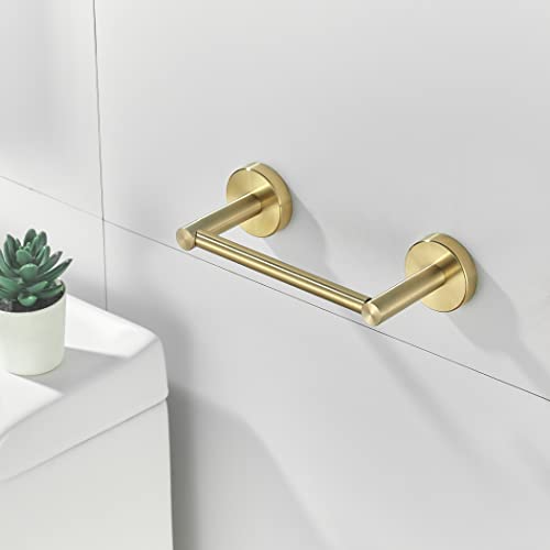 BATHSIR Brushed Gold Toilet Paper Holder & Hand Towel Holder Wall Mount 2 Pieces, Double Post Pivoting Round Modern Bathroom Hardware Towel Ring Toilet Tissue Holder, Bathroom Accessories Set - color: Gold 1