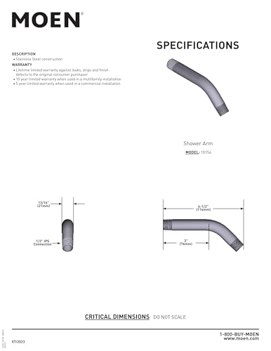 Moen Shower Arm With 1/2-Inch IPS Connections, 6-Inch, Brushed Nickel, 10154BN