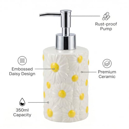 Flower Ceramic Soap Dispenser Cute Daisy Hand Soap Bottle 11.5 Oz | Floral Liquid Soap Dispenser with Pump, Refillable for Lotion, Shampoo, Body Wash, Bathroom Kitchen Vanity Countertop Decor