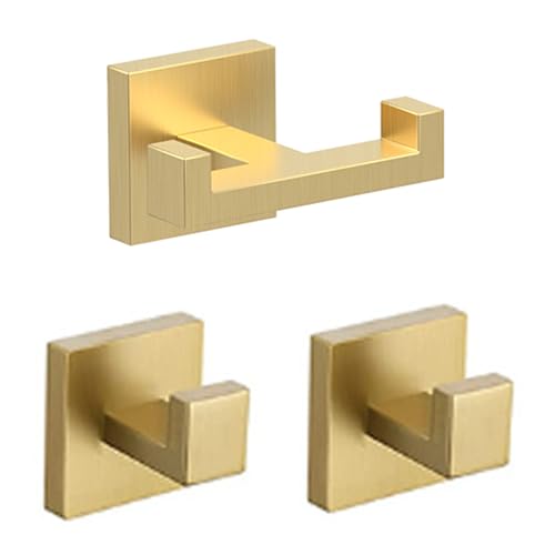 BOZWELL 1 Double Towel Hook and 2 Towel Hooks for Bathroom Light Brushed Gold Wall Mount，3 Pack Modern Square Style Coat Robe Hook，Stainless Steel Heavy Duty Door Hanger for Bathroom 1502-G-3 - color: Light Brushed Gold, size: 1 Double Hook 2 Single Hooks